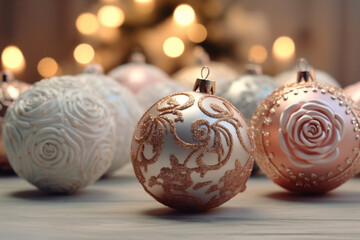 Beautiful christmas decorations for Christmas tree, new year ball pink color with flowers. AI Generative.