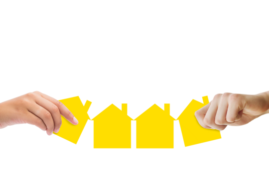 Digital png illustration of hands with yellow houses on transparent background - Powered by Adobe