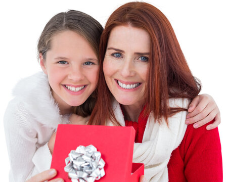 Digital png photo of caucasian mother and daughter with present on transparent background - Powered by Adobe