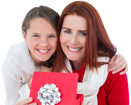 Digital png photo of caucasian mother and daughter with present on transparent background
