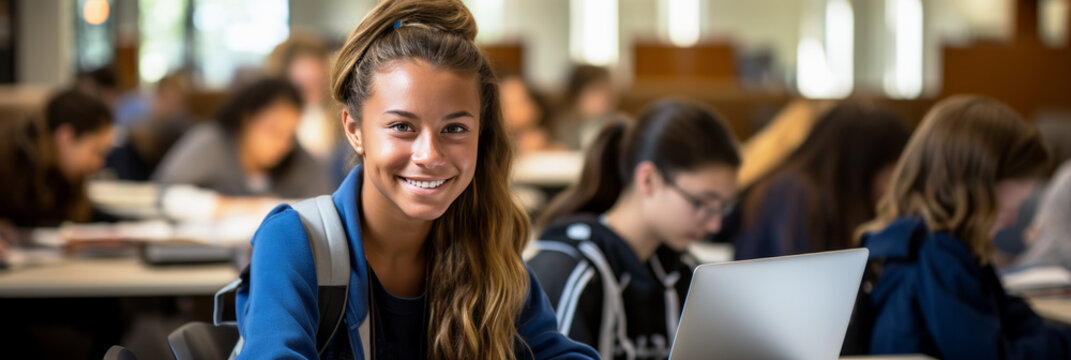 L&auml;chelnde Sch&uuml;lerin sitzt im Klassenzimmer vor ihrem Laptop, im Hintergrund verschwommen andere Sch&uuml;ler, Banner