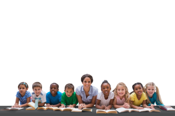 Digital png photo of diverse group of schoolchildren with female teacher on transparent background