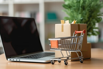 Small cart stands on a table near an open laptop with Buying groceries online concept.