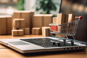 Small cart stands on a table near an open laptop with Buying groceries online concept.
