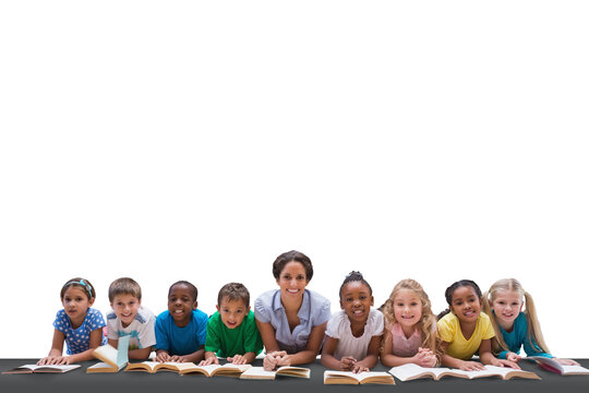 Digital png photo of diverse group of schoolchildren with female teacher on transparent background