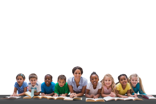 Digital png photo of diverse group of schoolchildren with female teacher on transparent background - Powered by Adobe