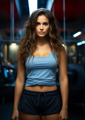 Fototapeta premium Perfect woman in workout clothes at the gym. Attractive woman posing for a photo at the gym. Fitness and exercises concept.