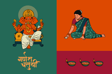 Ganesh Chaturthi calligraphy in Marathi, Hindi with Ganesha, editable hand-drawn vector illustration and traditional festive elements, background, and Indian People celebrating Ganesha festival.