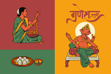 Ganesh Chaturthi calligraphy in Marathi, Hindi with Ganesha, editable hand-drawn vector illustration and traditional festive elements, background, and Indian People celebrating Ganesha festival.