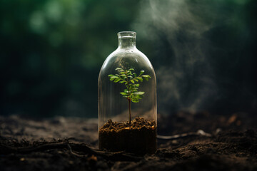 Tree seedlings in glass tubes on nature background, pro photo