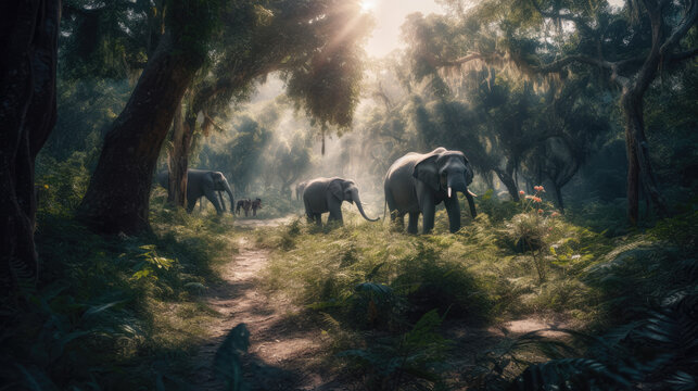 Some elephants walk through the jungle amidst a lot of bushes. © Matthew