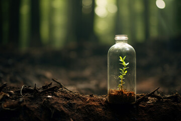 Tree seedlings in glass tubes on nature background, pro photo