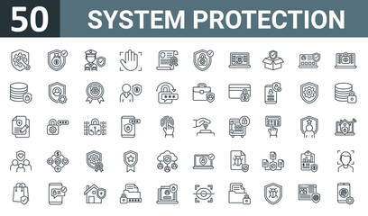 Fototapeta na wymiar set of 50 outline web system protection icons such as service, financial protection, security guard, palm scan, certificate, privacy, virus scan vector thin icons for report, presentation, diagram,