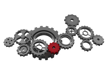 Digital png illustration of grey and red cogs on transparent background