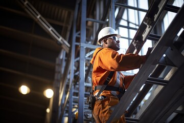 Fototapeta premium Man operating machine Quality Control Engineer inspecting steel pipe material for production on shelf rack at factory warehouse. Quality Control Assurance