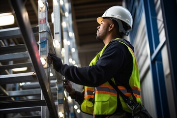 Man operating machine Quality Control Engineer inspecting steel pipe material for production on shelf rack at factory warehouse. Quality Control Assurance
