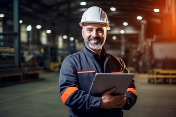 portrait of professional engineer manager inspector in uniform and tablet smile confident in warehouse store distributor factory with happiness at work engineer on site
