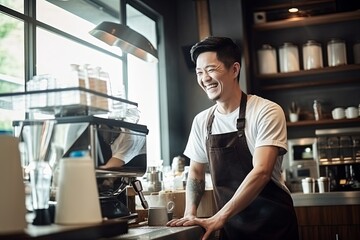 Attractive cheerful smiling male man barista wear apron making coffee at cafe coffeeshop daylight