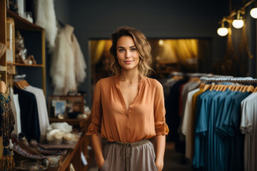 Fototapeta na wymiar Portrait of shop female owner standing in clothing trendy luxury boutique. Generative Ai