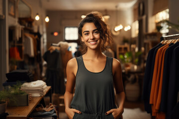Portrait of shop female owner standing in clothing trendy luxury boutique. Generative Ai