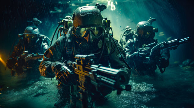 Underwater Combat by Team of Soldier with a Rifle and a Diving Special Suit AI Generated