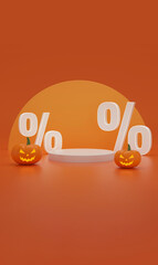 Happy Halloween sale display podium with cartoon pumpkin on orange background, copy space text.