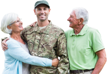 Digital png photo of caucasian male soldier with parents on transparent background