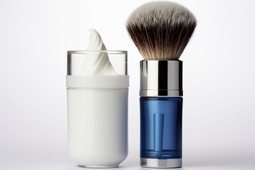 Clean grooming setup Shaving foam bottle with brush on a white backdrop