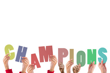 Digital png illustration of hands with champions text on transparent background