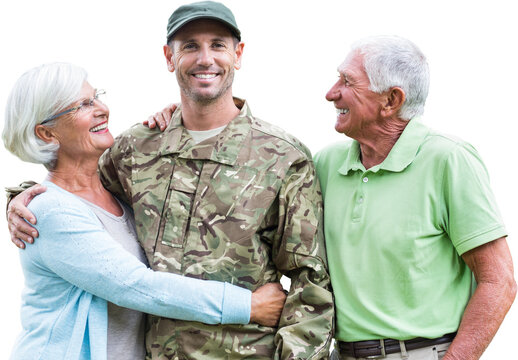 Digital png photo of caucasian male soldier with parents on transparent background