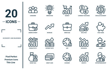 economy and business linear icon set. includes thin line consumer, unemployment, productivity, money bag, entrepreneurship, briefcase, labor icons for report, presentation, diagram, web design