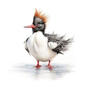 Red-breasted merganser bird isolated on white background.