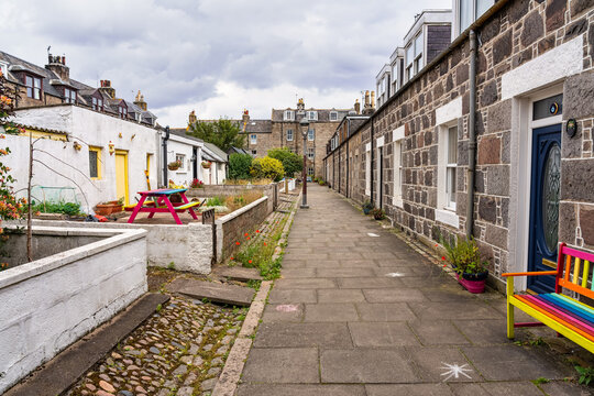 Small fishermen's houses by the sea in the neighborhood of Footdee in Aberdeen, Scotland.