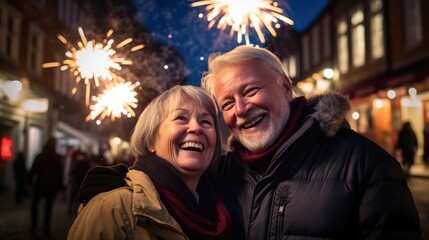 Obraz premium Happy seniors in a happy moment enjoy to celebrate merry Christmas and happy new year, happy retirement concept.