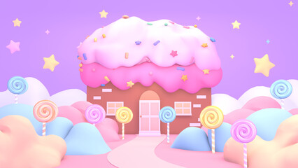3d rendered sweet candy house and lollipops.