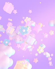 3d rendered cartoon gifts and flowers flying in the sky.