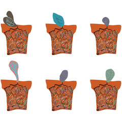 Clay pots with flowers, abstract illustration, vector