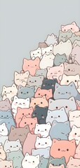 Cute Kawaii Cats or kittens in funny poses - isolated vector. Funny cartoon fat cats for wallpaper on a mobile phone, design. Adorable kawaii animals, pastel colors