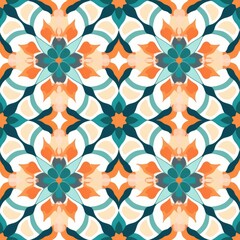 Seamless pattern with orange green flowers art illustration. Generative AI