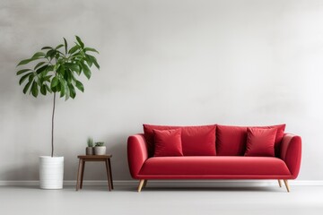Minimal modern red sofa in the interior against a white wall. Generative AI