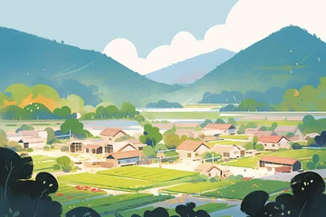 Foto op Canvas Illustration of rural solar terms, illustration of rural agriculture and farmland overlooking © lin