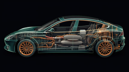Illustration of a cross section of an electric car, with cables, motors and electrical elements on a dark background. Generative AI - obrazy, fototapety, plakaty