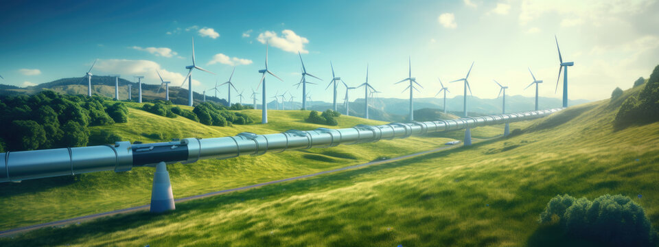 Pipeline and wind turbines against a natural background