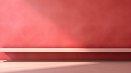 Empty Room in light red Colors with Shadows on the Wall. Minimal Podium for Product Presentation.
