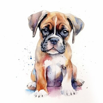 Boxer puppy. Stylized watercolour digital illustration of a cute dog with big eyes.