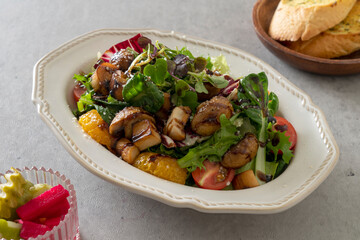 Mushroom salad, garlic bread, Korean food dish