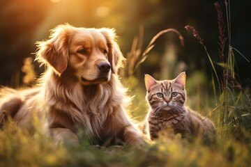 Portrait of a cute pet dog and cat together. Generative AI