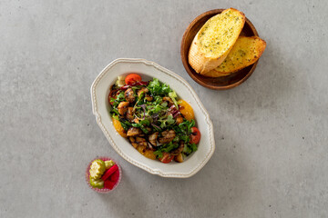 Mushroom salad, garlic bread, Korean food dish