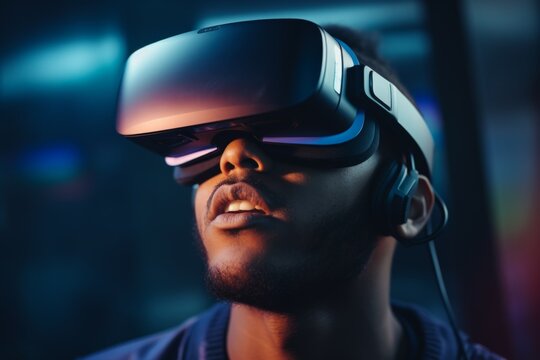 African American man guy gamer male user computer technology VR headset 3d virtual reality goggles exploration metaverse modern future cyber game experience world gaming in neon ultraviolet background