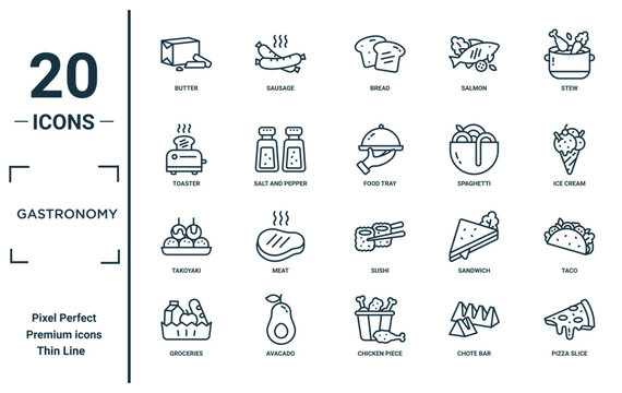 gastronomy linear icon set. includes thin line butter, toaster, takoyaki, groceries, pizza slice, food tray, taco icons for report, presentation, diagram, web design